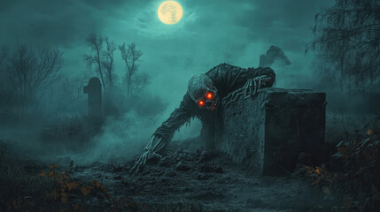 Wall Mural - A horrifying undead creature with exposed bones and glowing red eyes, crawling out of a tomb, skeletal hands grasping the dirt, fog swirling in the graveyard.