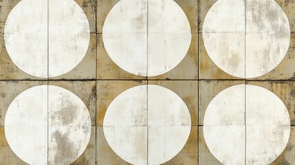 A close-up shot of a textured wall with six white circles painted on it.  The wall has a brown and beige color