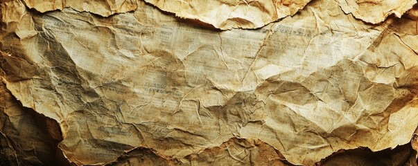 Vintage old newspaper paper texture with crumpled edges, yellowed and aged, featuring subtle grunge stains and imperfections for a nostalgic background