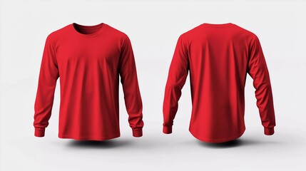 Poster - Blank red long sleeve t shirt front and back view on white background, design mockup for print, red tshirt mock up template, empty tshirt for design presentation