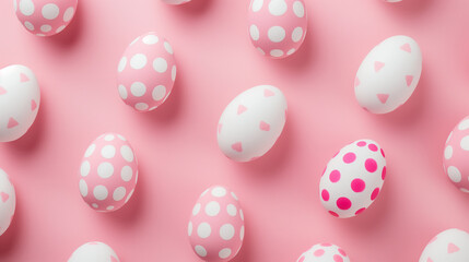 Pink polka-dotted eggs scattered against a soft pink backdrop.