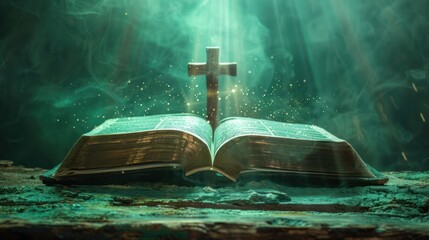 Wall Mural - Glowing Cross on Open Bible with Green Background