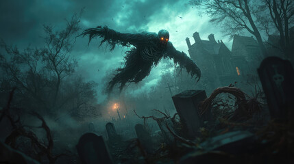 Wall Mural - An undead creature with glowing eyes and rotting wings, soaring through a darkened sky, its skeletal frame glowing faintly, twisted trees and tombstones below.