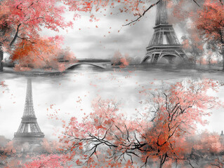 A pencil color drawing flat seamless digital paper illustration infused with ink style, seamless digital paper with delicate and unique pencil artwork of a Parisian autumn