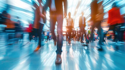 Wide panoramic banner featuring blurred business people walking at a trade fair or conference, with motion speed blur, showcasing the dynamic atmosphere of a modern hall.

