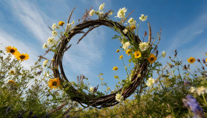  wildflower wreath set against a clear blue sky, where the flowers swirl and twist into a unique circular shape, creating an artistic representation of nature