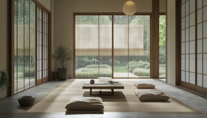 Poster - Minimalist Japanese Tea Room Interior with Garden View