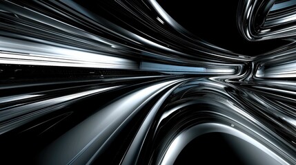 Wall Mural - Abstract digital art of a black and white tunnel with light streaks.