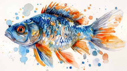 Vibrant Watercolor Painting of Blue and Orange Fish