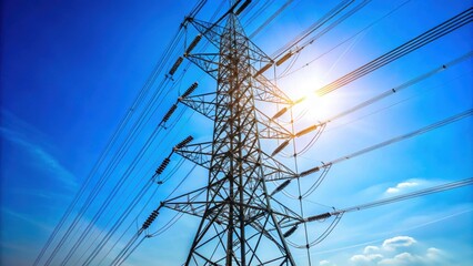 High voltage electricity tower with clear blue sky background, power lines, transmission pole, energy