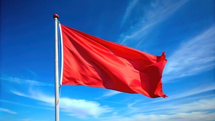 Vibrant red flag fluttering in the wind with a blue sky background, red, flag, fluttering, wind, vibrant, symbol, alert, caution