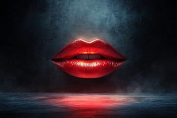 A pair of floating glossy neon red lips in a dark, misty environment.