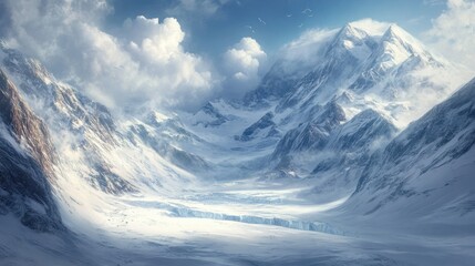 Poster - A Scenic View of a Snow-Covered Mountain Range with Clouds and Birds Flying Overhead