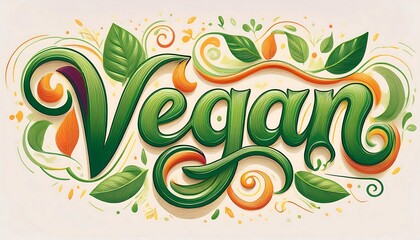 Organic Vegan Calligraphy - organic and nature inspired calligraphy design of vegan word with a slightly uneven, hand drawn look and green leaves Graphic art illustration