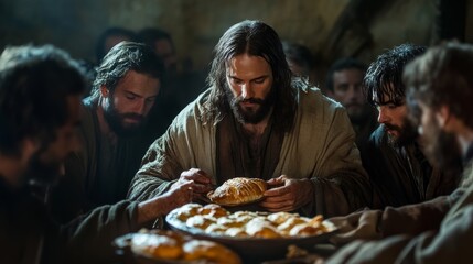 Jesus sharing bread with his disciples during the Last Supper