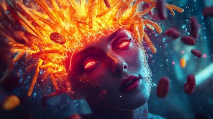 A woman with hair made of french fries and soda, her face glowing with neon lights, trapped in a fast-food world. Hyper-realistic, high detail, photorealistic, surrealistic concept art, vibrant colors