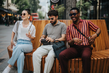 Poster - Three businesspeople sit together on a bench outdoors, sharing ideas and enjoying a casual discussion. They look relaxed and engaged.