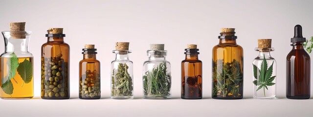 Assortment of Glass Bottles with Herbal Contents