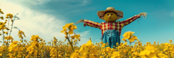 Poster - Scarecrow positioned in a colorful mustard field beneath a clear blue sky.