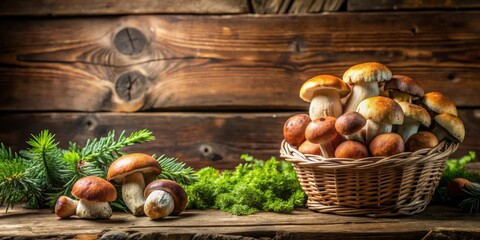 Fresh forest mushrooms on wooden background, rustic setting , mushrooms, natural, organic, wood, culinary, ingredients, raw