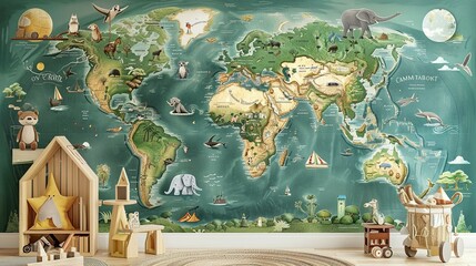 Wall Mural - Children's Room Design Featuring a Drawn Map of the World in Russian: Jungle Photo Wallpaper for Wall Decor