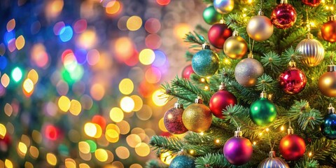 Wall Mural - Christmas tree adorned with colorful baubles and surrounded by blurred shiny lights, Christmas, tree