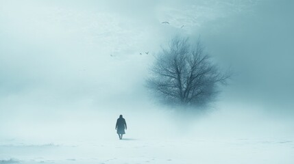 Canvas Print - A lone figure walks through a misty winter landscape, a bare tree looming in the distance.