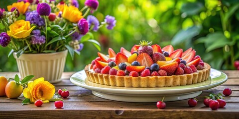 Wall Mural - Fruit tart surrounded by flowers on a terrace table, dessert, pastry, sweet, delicious, food, fruit, tart, table, terrace