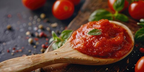 Zoomed-in view of a wooden spoon containing tomato paste