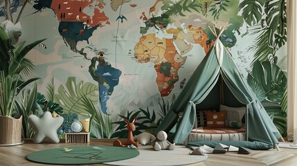 Wall Mural - Children's Room Wallpaper Design Featuring a Drawn Map of the World in Russian: Jungle Photo Wallpaper for Children's Wall Decor