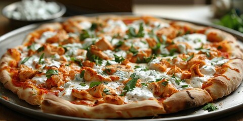 Wall Mural - Spicy Chicken Pizza Served with Homemade Blue Cheese Sauce