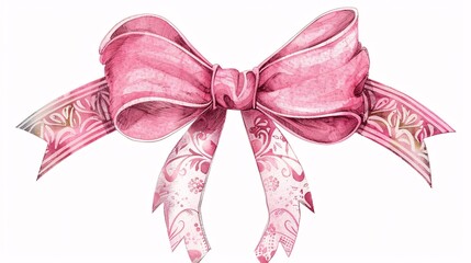 Wall Mural - 81. Elegant illustration of a holiday pink bow with intricate ribbon details, set against a clean white background, perfect for festive decor and design elements