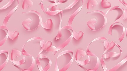 86. Elegant seamless pattern featuring coquette pink ribbons intertwined with delicate heart shapes, perfect for Valentine's Day fabric prints, wallpapers, and printable papers