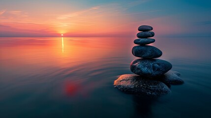 Wall Mural - Stacked Stones in a Calm Sea at Sunset