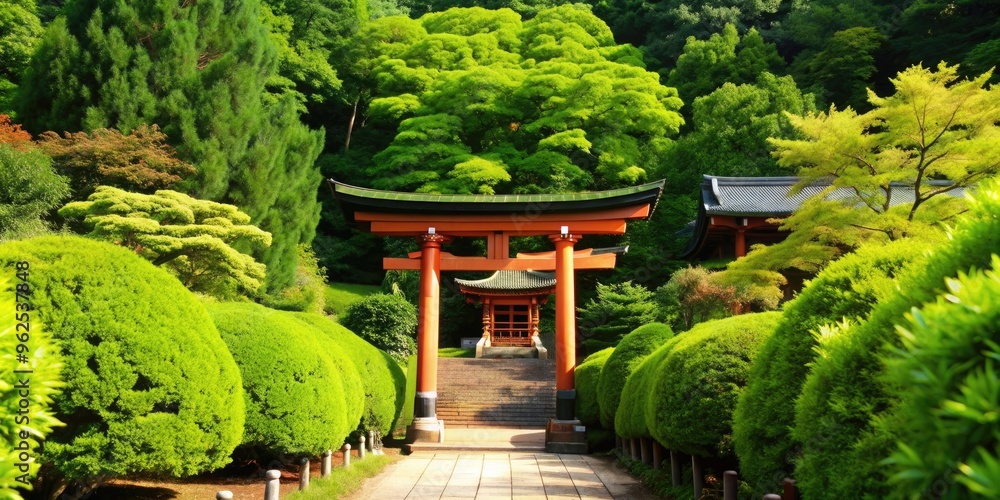 Traditional Japanese shrine surrounded by lush greenery and torii gates ...