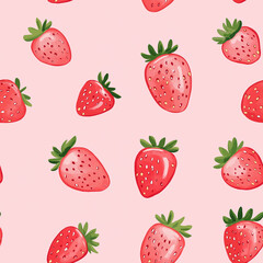 Wall Mural - Cute pink seamless pattern with strawberries