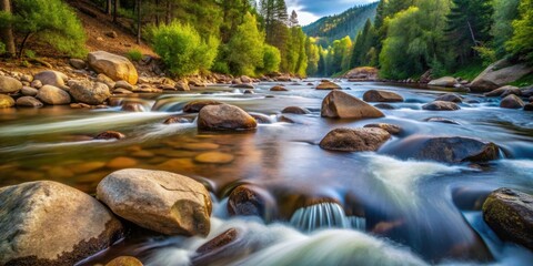 Fast flowing river with rocks in foreground, river, rocks, fast, water, nature, flowing, stream, outdoor, scenic, landscape