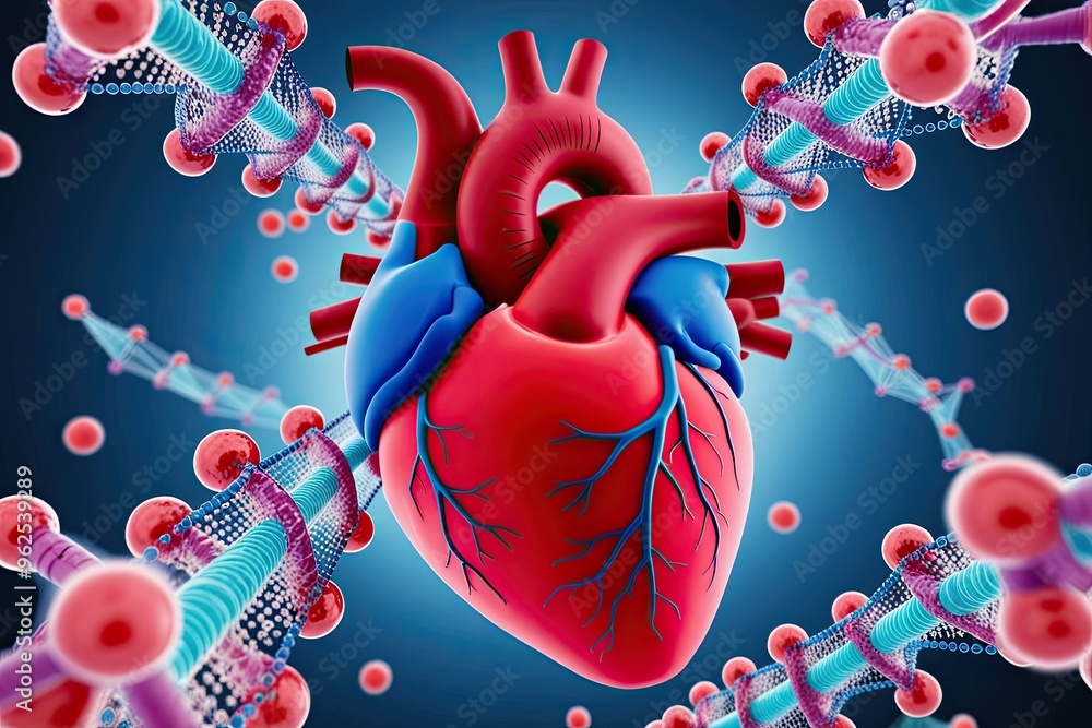 3D Medical Illustration of Human Heart Integrated with Molecular DNA ...