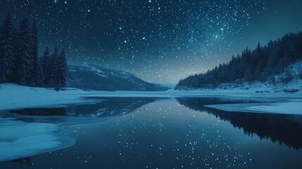 Poster - Starry Night Reflection on a Frozen Lake with Surrounding Forest