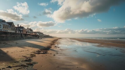 Coastal Town Buildings Along Sandy Beach with Cloudy Sky