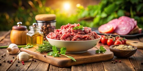 Wall Mural - Chopped meat spread on a table with a beautiful background , Meat, food, fresh, raw, ingredients, preparation, kitchen, cooking