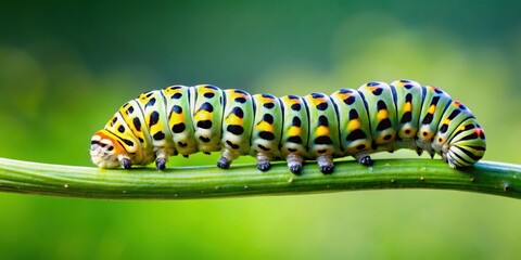 Caterpillar crawling on a green branch, insects, caterpillar, nature, wildlife, green, branch, crawling, macro, close-up