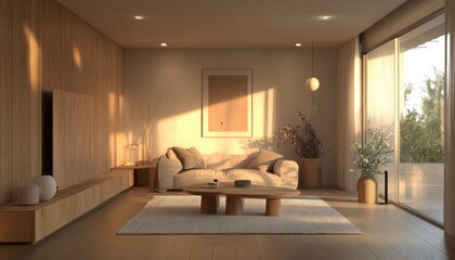 Canvas Print - Minimalist Living Room with Wooden Accents and Natural Light