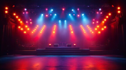 Empty stage with colorful spotlights scene lighting effects background of musical euphoria and visual splendor