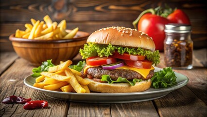 Wall Mural - Classic American dish of a hamburger and french fries served on a plate with tableware