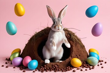 Sticker - Lively Easter Bunny Hopping Out of a Fun Hole Surrounded by Colorful Chocolate Eggs on a Pastel Background