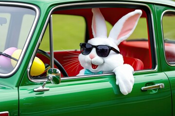 Sticker - Sweet Easter Bunny in Stylish Sunglasses Observing Bright Eggs in a Cheerful Automobile