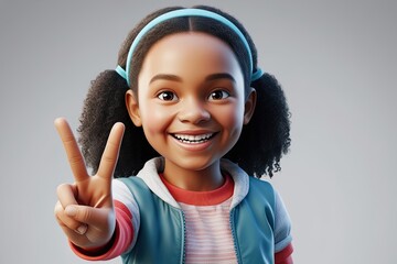 Charming Three-Dimensional Illustration of a Happy Young Girl in Casual Apparel Making a Peace Sign