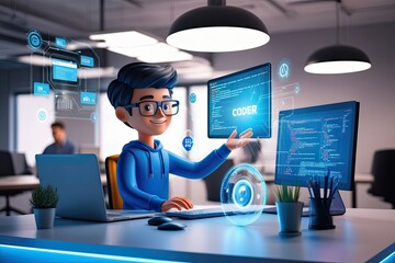 Three-Dimensional Illustration of Resourceful Young Coder Collaborating with Technology in a Contemporary Office Workspace
