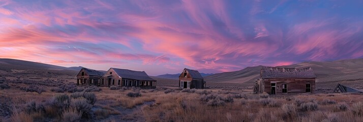 Wall Mural - Sunset Sky above Abandoned Wooden Structures in a Deserted Town